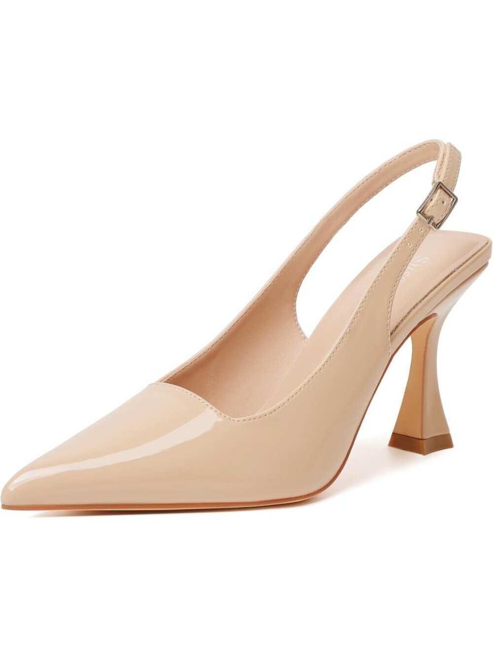 Women's Nude Slingback Kitten Pump Closed Pointy Toe Chunky Heel Shoes